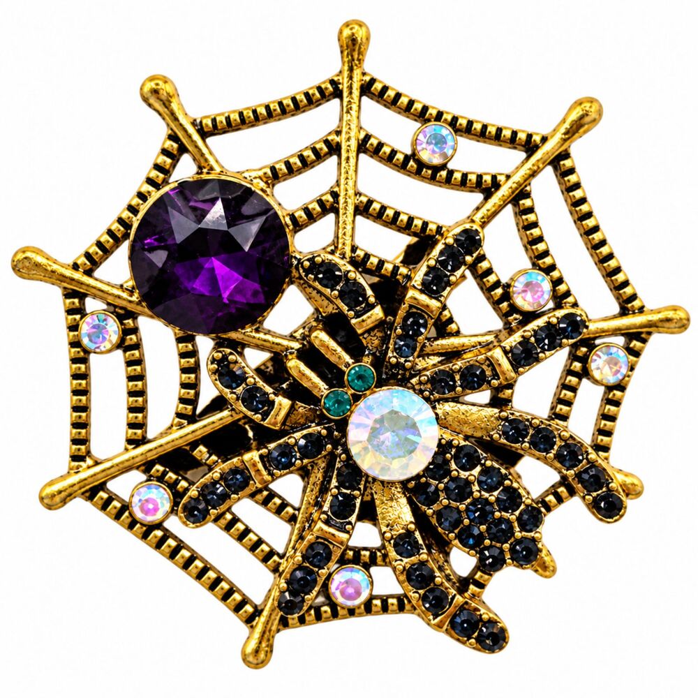Vintage Inspired Halloween Spider Web Brooch Purple Rhinestone Gold Tone NWT